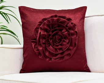 Maroon 3D Ruffles Flower Throw Pillow Covers for Sofa or Bed, Maroon Accent Pillow Cover