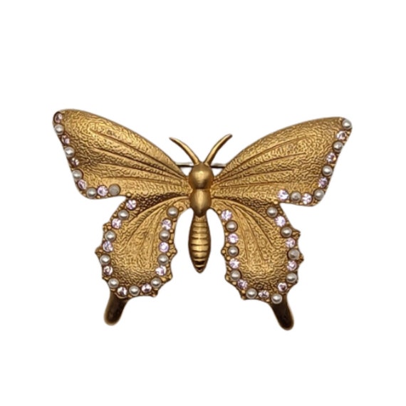 1980's Butler Brushed Gold Tone Butterfly Brooch … - image 1