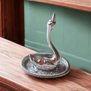 Vintage Silverplate Long Neck Swan Ring Holder Jewelry Storage Embossed Floral Silverplate Trinket Tray