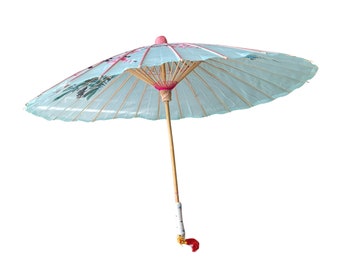 Pink and blue vintage parasol / Hand painted Parasol / bamboo umbrella Vintage Asian Bamboo Parasol Chinese Parasol Umbrella.