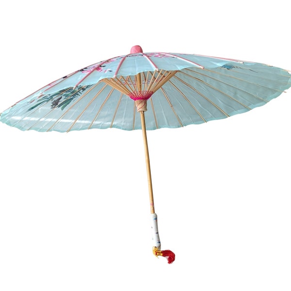 Pink and blue vintage parasol / Hand painted Parasol / bamboo umbrella Vintage Asian Bamboo Parasol Chinese Parasol Umbrella.