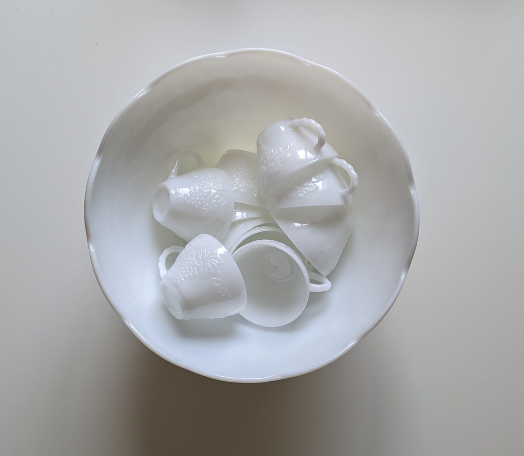 Vintage Milk Glass Punch Bowl / Grape Design / Vintage Punch Bowl Set / Milk Glass Etsy