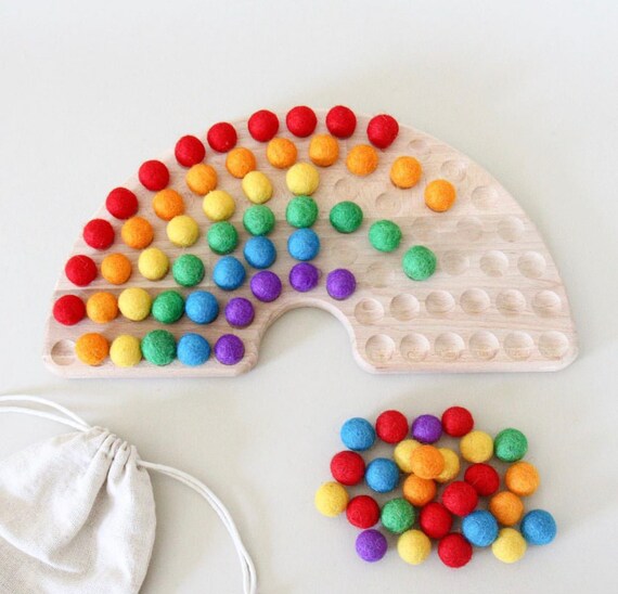 Wooden Rainbow Felt Ball Set Etsy