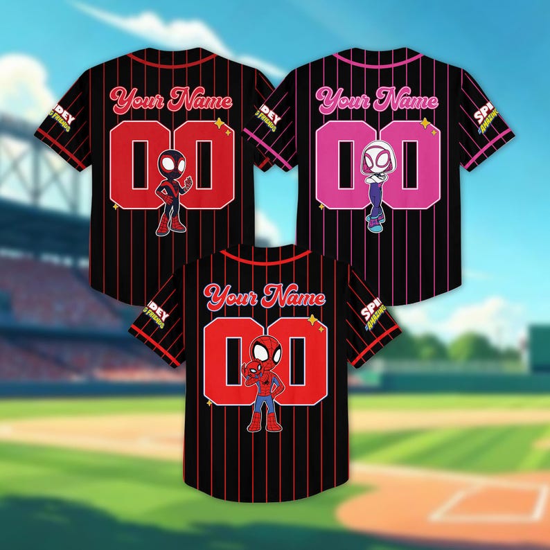 May include: Three black baseball jerseys with red pinstripes. Each jersey features a different Spider-Man character, the text "Your Name", and the number "00" in a bold font. The jerseys are displayed on a baseball field.