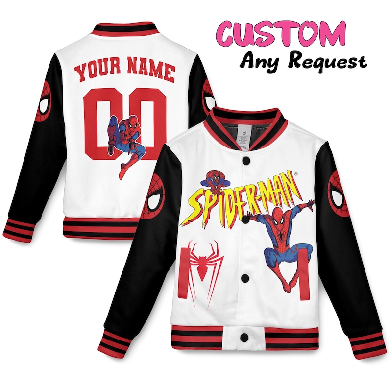 May include: White and black Spider-Man jacket with red accents. The jacket features the Spider-Man logo, a Spider-Man graphic, and the text "YOUR NAME" and "00" on the back. The sleeves are black.