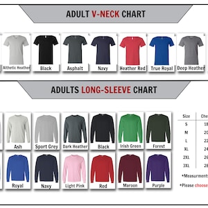 Puede incluir: Un gr&aacute;fico que muestra opciones de color de camisetas de cuello en V y manga larga para adultos, incluyendo blanco, negro y azul marino. El gr&aacute;fico tambi&eacute;n muestra las medidas en pulgadas para el pecho y la longitud, desde la S hasta la 3XL. El texto dice "Por favor, elige el color correcto."