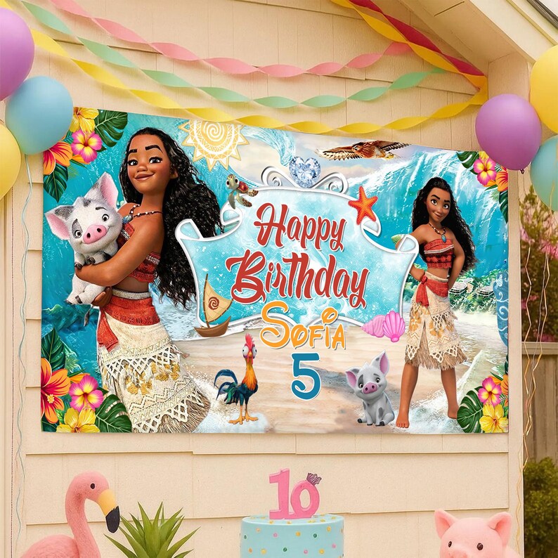 May include: A rectangular birthday banner featuring Moana characters, including Pua the pig and Heihei the rooster. The text reads Happy Birthday Sofia 5 in red and orange script. The background shows a tropical beach scene with hibiscus flowers.