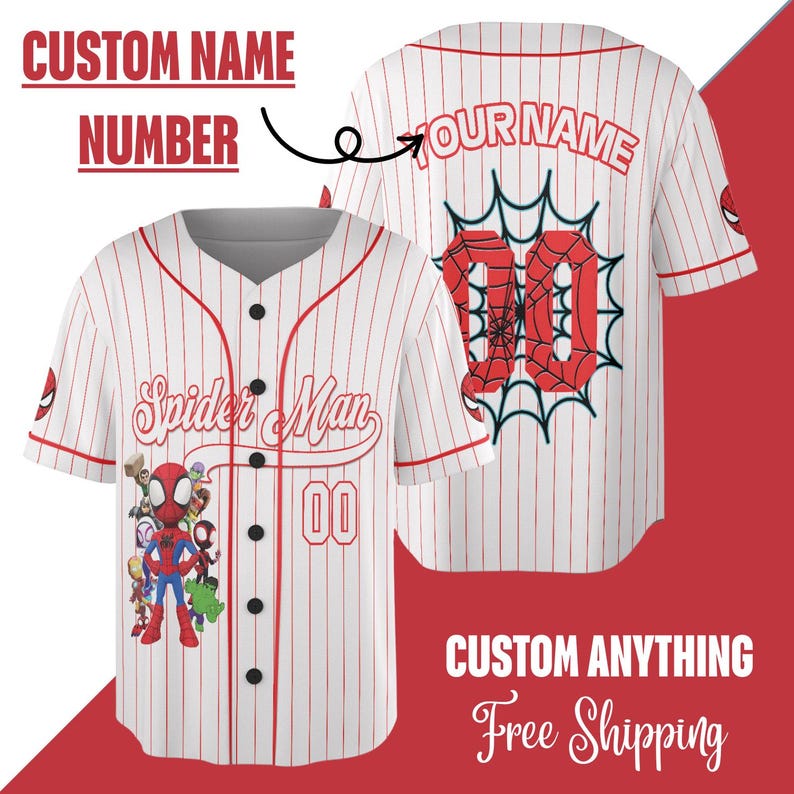 Puede incluir: Camiseta de b&eacute;isbol blanca con finas rayas rojas, con "Spider-Man" y el n&uacute;mero "00". La parte delantera muestra un gr&aacute;fico de Spider-Man y el texto "Spider-Man". La parte trasera tiene el texto "YOUR NAME" y un gran "00" con un dise&ntilde;o de telara&ntilde;a.