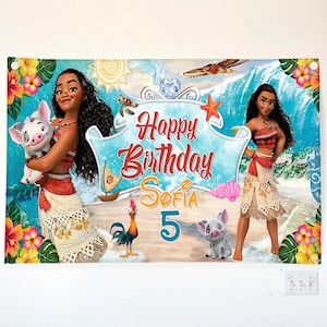 May include: A rectangular birthday banner featuring two illustrations of a young woman with long dark hair, a pig, a rooster, a sea turtle, and a bird. The text reads Happy Birthday Sofia 5 in red and orange script against a tropical ocean background.