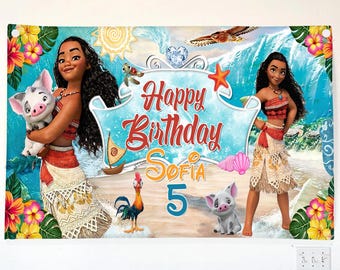 Moana Birthday Banner, Personalized Moana Birthday Party Decoration, Custom Name Moana Backdrop, Tropical Princess Birthday Sign