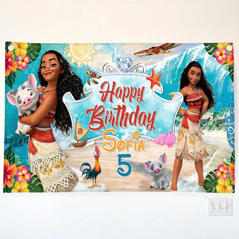 May include: A rectangular birthday banner featuring two illustrations of a young woman with long dark hair, a pig, a rooster, a sea turtle, and a bird. The text reads Happy Birthday Sofia 5 in red and orange script against a tropical ocean background.