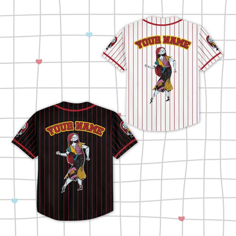 May include: Two baseball jerseys, one white with red pinstripes and one black with red pinstripes. Both feature a graphic of a ragdoll character, red text reading YOUR NAME, and a small character emblem on each sleeve with a button-down front.
