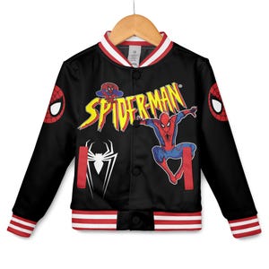 May include: Black Spider-Man bomber jacket with red and white striped trim. Features the Spider-Man logo and character graphics. Includes a white spider emblem and two red spider-eye designs.