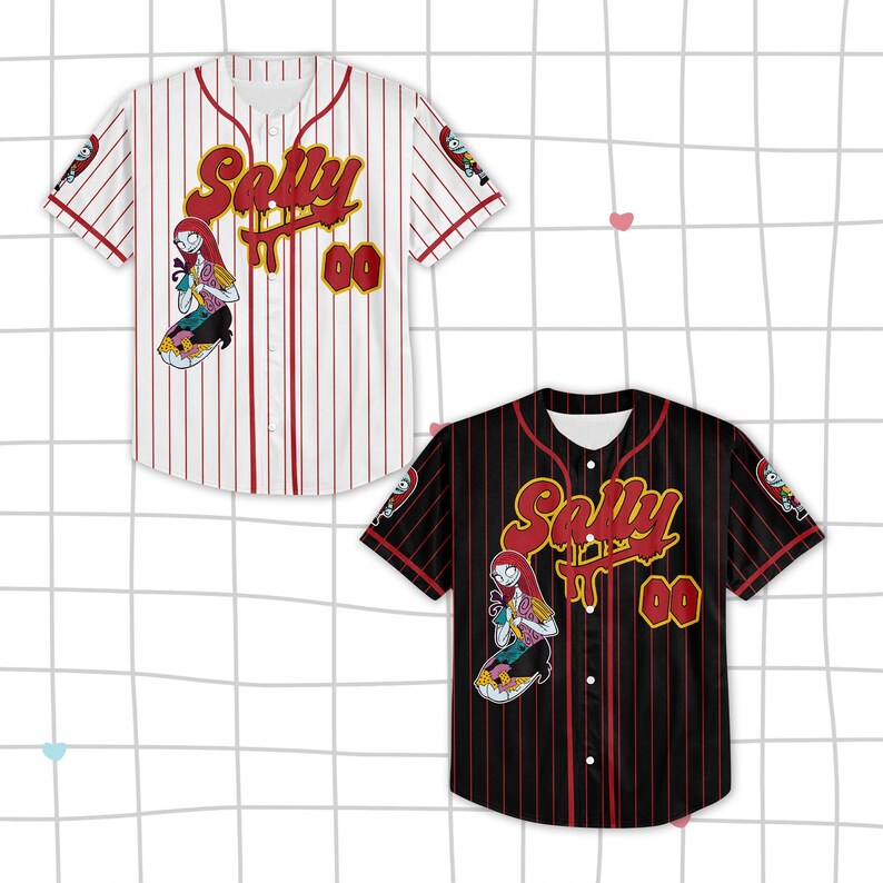 May include: Two short-sleeve button-down baseball jerseys, one white with red pinstripes and one black with red pinstripes. Both feature the name Sally in red script, the number 00 in yellow, and a graphic of the character Sally on the front.