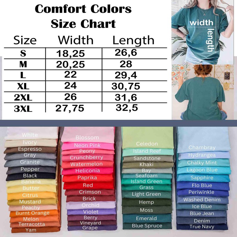 Puede incluir: La imagen muestra una tabla de tallas Comfort Colors con medidas en cent&iacute;metros y una paleta de colores. La tabla enumera las tallas S a 3XL, con los anchos y largos correspondientes. Se muestra una camiseta verde azulado. La paleta incluye varios tonos.