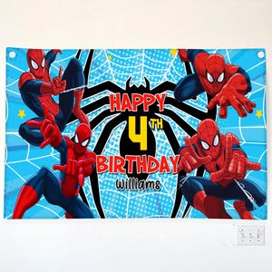 May include: A blue banner featuring Spider-Man illustrations and the text "HAPPY 4TH BIRTHDAY Williams". The banner has a light blue background with a spiderweb pattern and yellow stars.