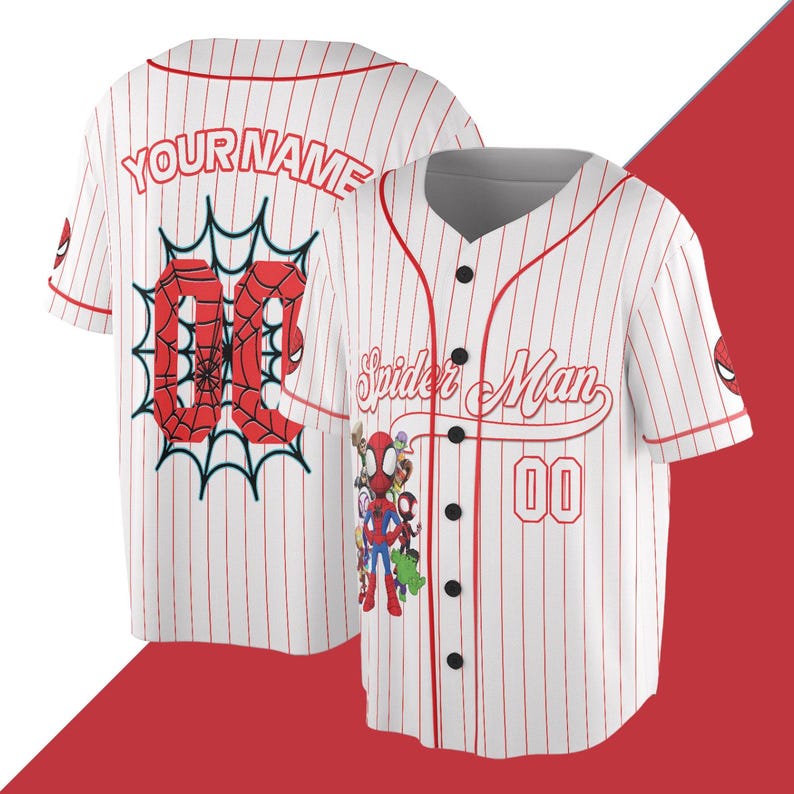 Puede incluir: Camiseta de b&eacute;isbol blanca con finas rayas rojas, con texto "Spider-Man" y un dibujo animado. La camiseta tiene el n&uacute;mero "00" y el texto "YOURNAME" en la espalda.