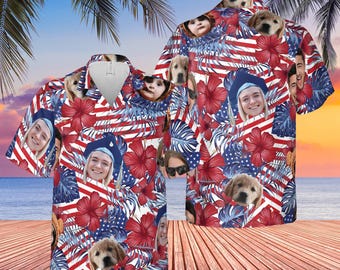 Custom Independence Day Hawaiian Shirt, Personalized Face Man Women Kid Hawaiian Shirt, America Flag Hawaiian Shirt, Customize 4th of July
