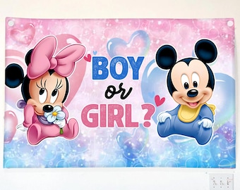 Custom Mickey Minnie Mouse Gender Reveal Banner Backdrop, Personalised Baby Name Banner, Team Boy or Girl Gender Reveal Banner Baby Shower