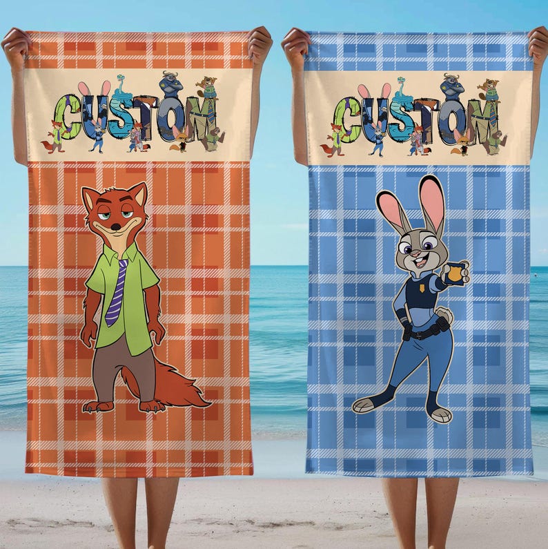May include: Two custom beach towels, one orange and one blue, each with a plaid pattern. The orange towel features Nick Wilde, and the blue towel features Judy Hopps, both from Zootopia. The word "CUSTOM" is across the top.