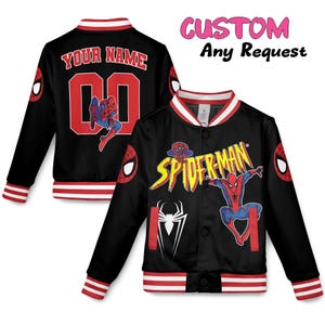 May include: Black Spider-Man bomber jacket with red and white accents. The jacket features the Spider-Man logo, a spider web, and the text "SPIDER-MAN". The back of the jacket has the text "YOUR NAME" and the number "00".