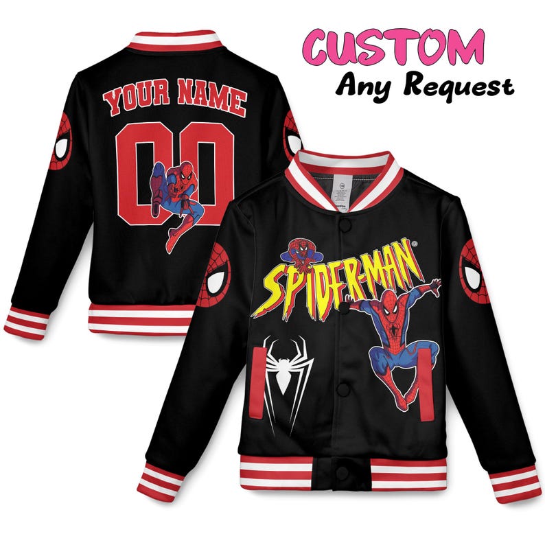 May include: Black Spider-Man bomber jacket with red and white accents. The jacket features the Spider-Man logo, a spider web, and the text "SPIDER-MAN". The back of the jacket has the text "YOUR NAME" and the number "00".