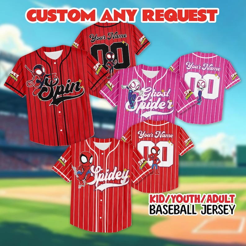 Personaliza la camiseta de béisbol de Spidey y sus increíbles amigos, la camiseta infantil del equipo de superhéroes para el viaje a Disneyland, la camiseta personalizada de Spider Ghost Spidey Spin imagen 1