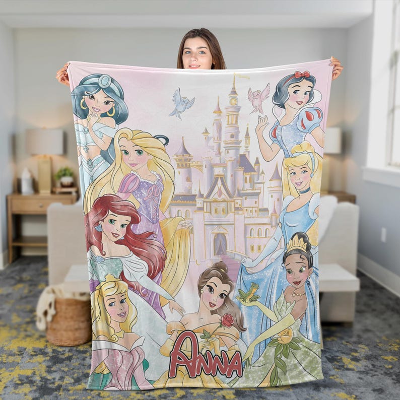 Personalized Disney Princess Blanket,Belle Rapunzel Tiana Ariel Elsa Blanket,Disney Gift,Disney Bedding,Custom Name Princess Throw for Kids image 2