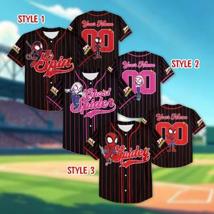 May include: Black baseball jerseys with red pinstripes and various Spider-Man graphics. The jerseys feature the text "Spin", "Ghost Spider", and "Spidey". Some jerseys have the text "Your Name" and the number "00".