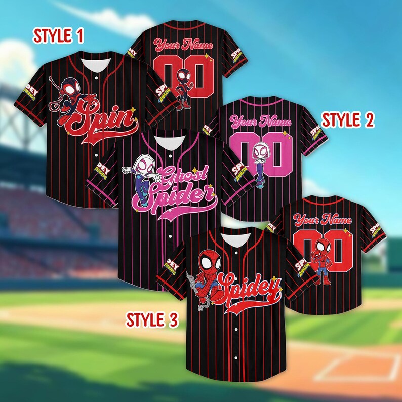 May include: Black baseball jerseys with red pinstripes and various Spider-Man graphics. The jerseys feature the text "Spin", "Ghost Spider", and "Spidey". Some jerseys have the text "Your Name" and the number "00".