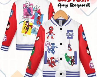 May include: A white varsity jacket with red sleeves and blue striped trim, featuring a button-up front and various cartoon superhero graphics. The front displays the name ELIAS in blue text, while the back shows multiple character illustrations.