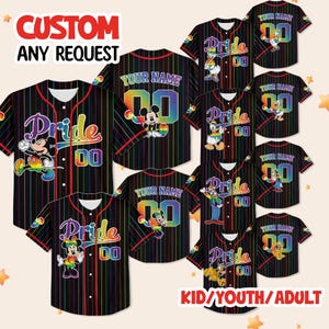 May include: Black baseball jerseys with rainbow stripes, featuring cartoon characters and the word "Pride". The jerseys have the text "Your Name" and the number "00". The text "CUSTOM ANY REQUEST" and "KID/YOUTH/ADULT" are also visible.