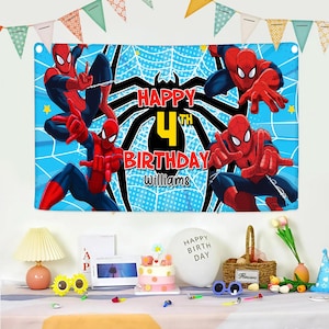 May include: A blue banner featuring Spider-Man illustrations and the text "Happy 4th Birthday Williams." The banner has a spider web design in the background and is decorated with colorful pennant flags.