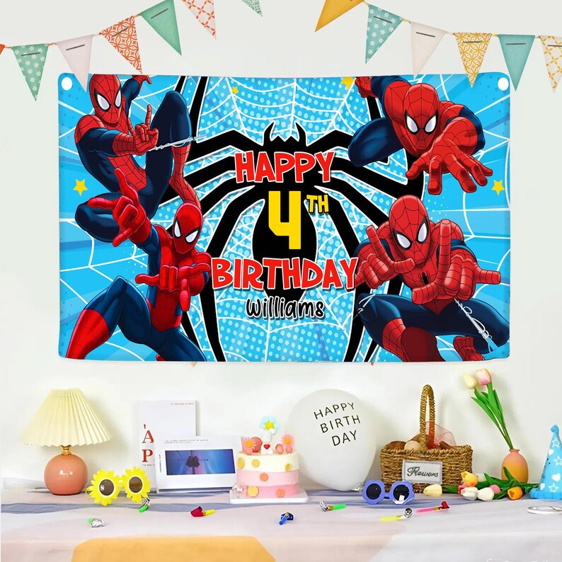 May include: A blue banner featuring Spider-Man illustrations and the text "Happy 4th Birthday Williams." The banner has a spider web design in the background and is decorated with colorful pennant flags.