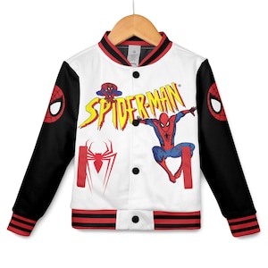 May include: White and black Spider-Man bomber jacket with red and black striped trim. The jacket features Spider-Man graphics and the word "SPIDER-MAN" in yellow and red. The sleeves are black with a Spider-Man logo.
