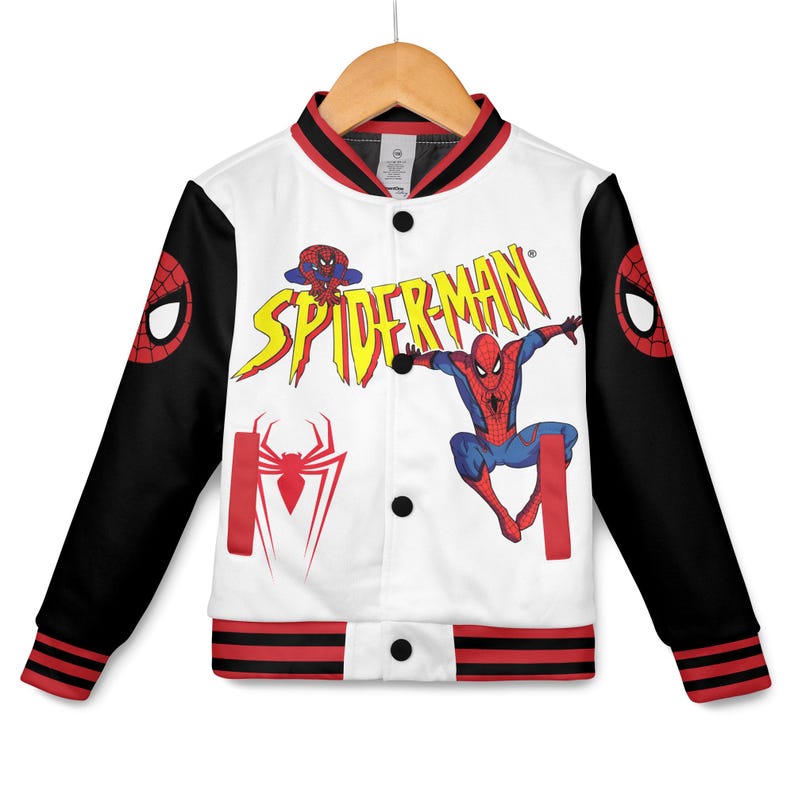May include: White and black Spider-Man bomber jacket with red and black striped trim. The jacket features Spider-Man graphics and the word "SPIDER-MAN" in yellow and red. The sleeves are black with a Spider-Man logo.