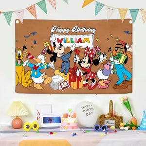 May include: A brown birthday banner featuring Mickey Mouse, Minnie Mouse, Donald Duck, Daisy Duck, and Goofy. The banner reads "Happy Birthday William" in white text. Colorful confetti and party decorations are scattered around the characters.