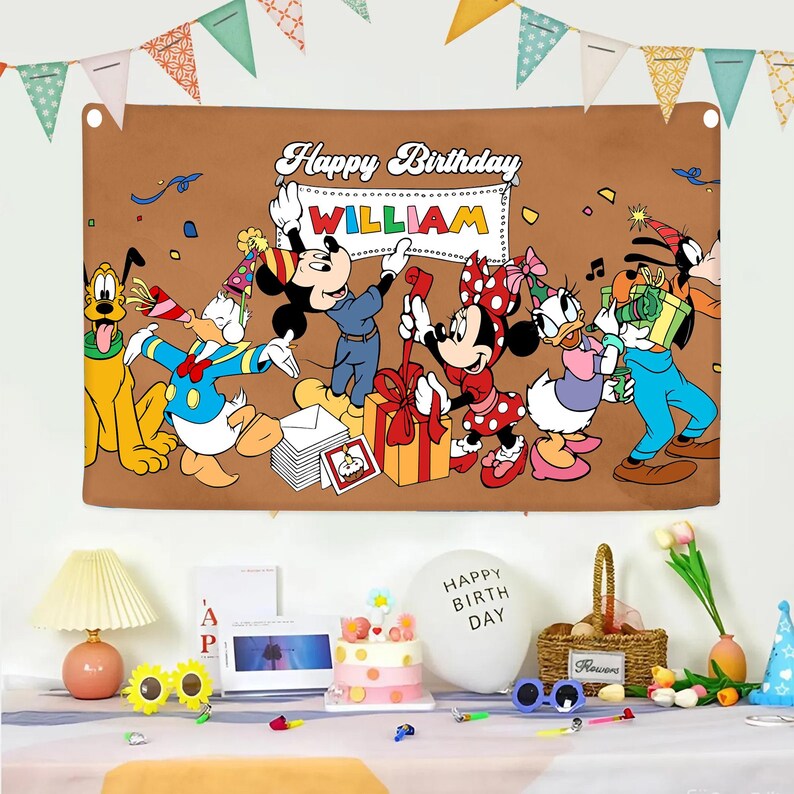 May include: A brown birthday banner featuring Mickey Mouse, Minnie Mouse, Donald Duck, Daisy Duck, and Goofy. The banner reads "Happy Birthday William" in white text. Colorful confetti and party decorations are scattered around the characters.
