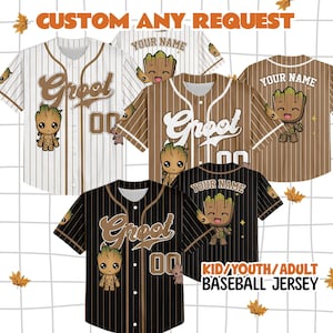May include: A collection of baseball jerseys in white, brown, and black with vertical pinstripes. Each jersey features a cartoon Groot character, the text Groot, and the number 00. The text CUSTOM ANY REQUEST and YOUR NAME are visible.