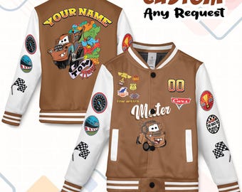 Custom Sally Disney Cars Characters Collection Kids Youth Baseball Jacket, Cars Varsity Baseball Jacket, Disneyland Lightning MCqueen Jacket