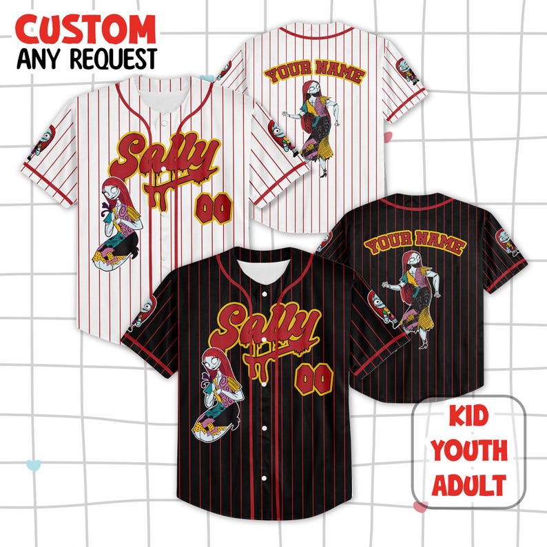 May include: Two baseball jerseys featuring Sally from The Nightmare Before Christmas. One jersey is white with red pinstripes, the other is black with red pinstripes. Both have the name Sally, the number 00, and a character graphic on the front.