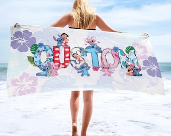 Custom Name Disney Stitch Beach Towel, Angel Lilo Disney Birthday Girl Towel Bath Pool Summer Beach Trip, WDW Disneyland Girl Trip Summer