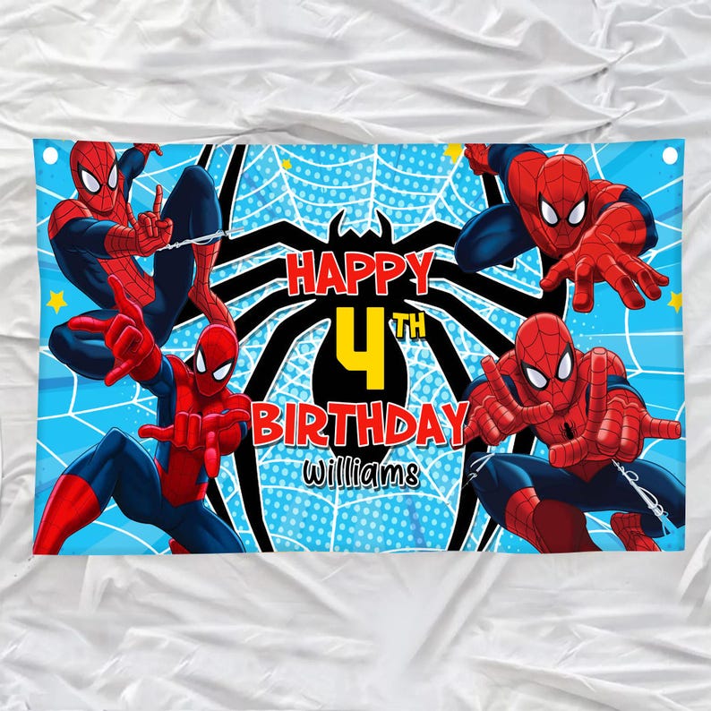 May include: A blue banner featuring Spider-Man illustrations and the text "HAPPY 4TH BIRTHDAY Williams" in red and yellow. The background has a spiderweb design with a large black spider.