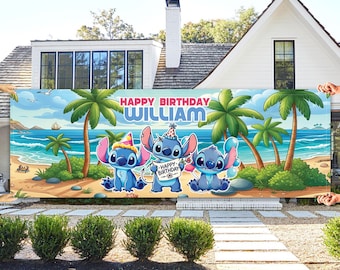 Custom Disney Stitch Birthday Banner Backdrop, Custom Disney Stitch Birthday Banner Backdrop Decoration, Party Cartoon Decor Birthday Boy