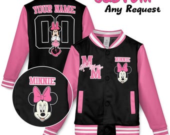 Personalized Minnie Mouse Varsity Baseball Jacket, Custom Disneyland Mouse Jacket for Kids and Adults, Minnie Trip Outfit & Cartoon Gift