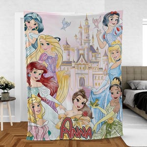Personalized Disney Princess Blanket,Belle Rapunzel Tiana Ariel Elsa Blanket,Disney Gift,Disney Bedding,Custom Name Princess Throw for Kids image 1