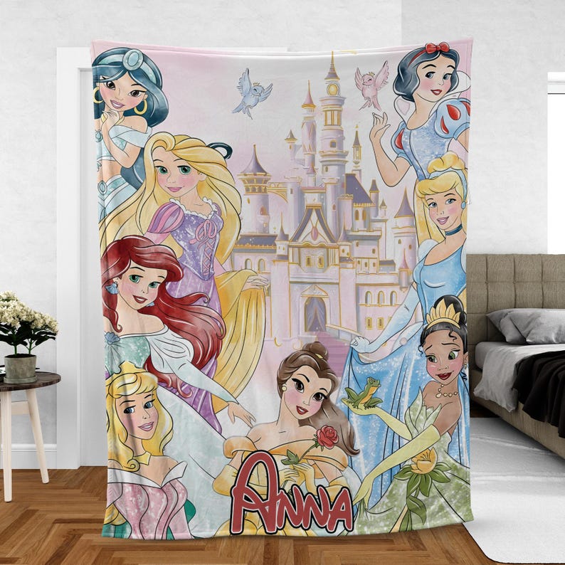 Personalized Disney Princess Blanket,Belle Rapunzel Tiana Ariel Elsa Blanket,Disney Gift,Disney Bedding,Custom Name Princess Throw for Kids image 1