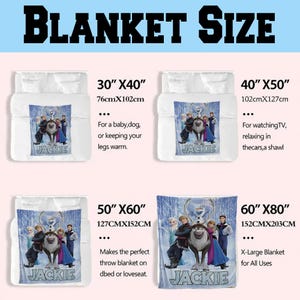 May include: Blanket size guide with four different sizes: 30"x40", 40"x50", 50"x60", and 60"x80". Each blanket features a design with characters from a popular animated movie. The text "JACKIE" is visible on each blanket.