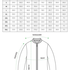 May include: Image of a casual bomber jacket with a size chart. The chart includes measurements in inches and centimeters for length, bust, shoulder, and sleeve for sizes S to 5XL. The image also shows a diagram of the jacket with labeled measurements.