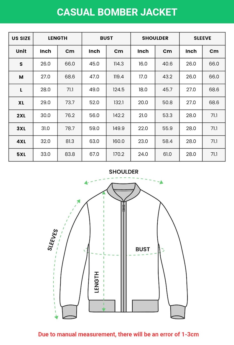 May include: Image of a casual bomber jacket with a size chart. The chart includes measurements in inches and centimeters for length, bust, shoulder, and sleeve for sizes S to 5XL. The image also shows a diagram of the jacket with labeled measurements.